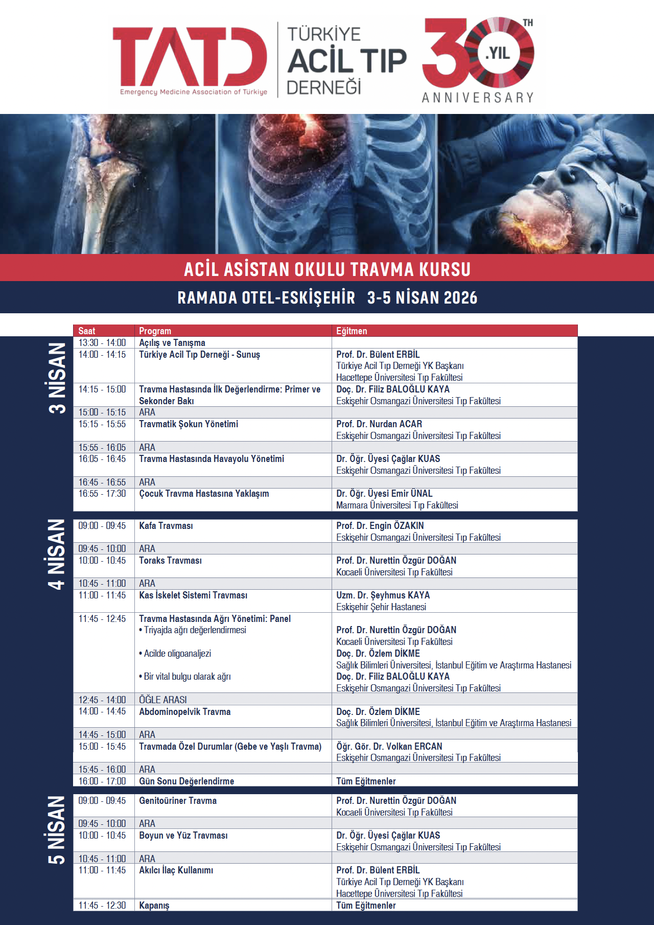 3 - 5 Nisan 2026 Acil Asistan Okulu Travma Kursu, Eskişehir